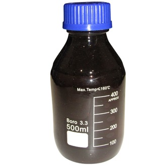 BOTTLE REAGENT AMBER GLASS GRADUATED WITH BLUE SCREW CAP   500ml