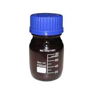 BOTTLE REAGENT AMBER GLASS GRADUATED WITH BLUE SCREW CAP   100ml