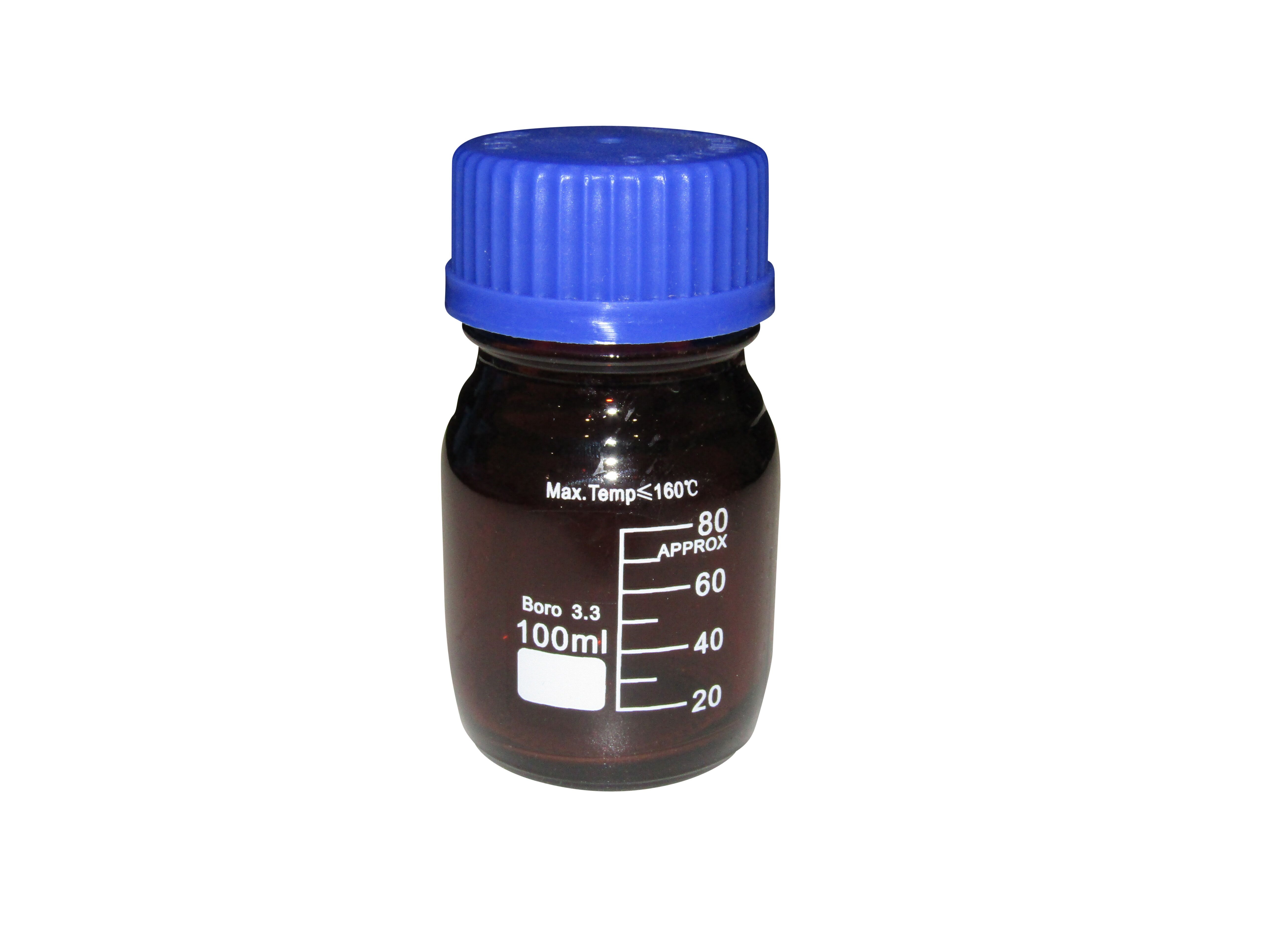 BOTTLE REAGENT AMBER GLASS GRADUATED WITH BLUE SCREW CAP   100ml