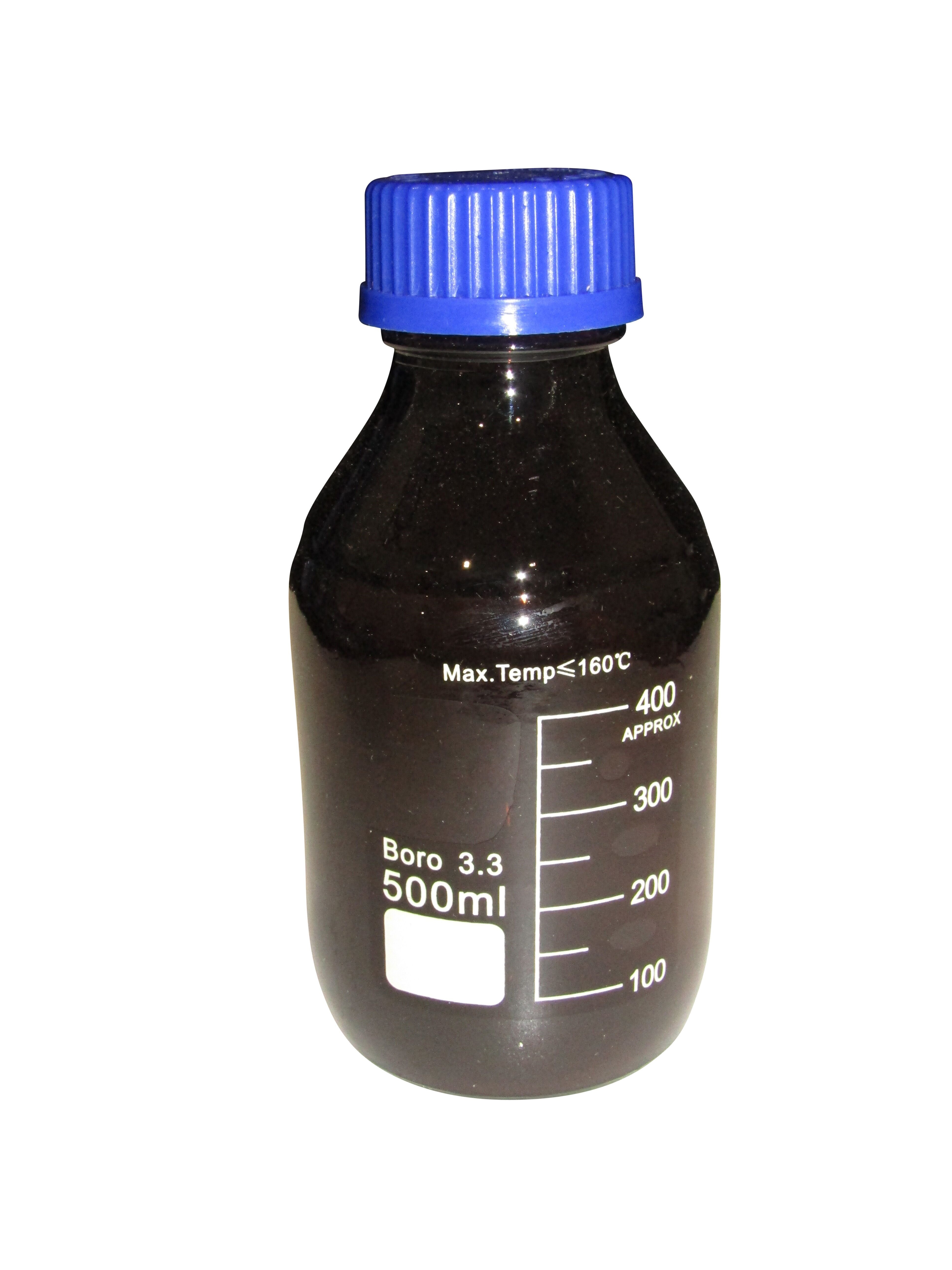 BOTTLE REAGENT AMBER GLASS GRADUATED WITH BLUE SCREW CAP   500ml