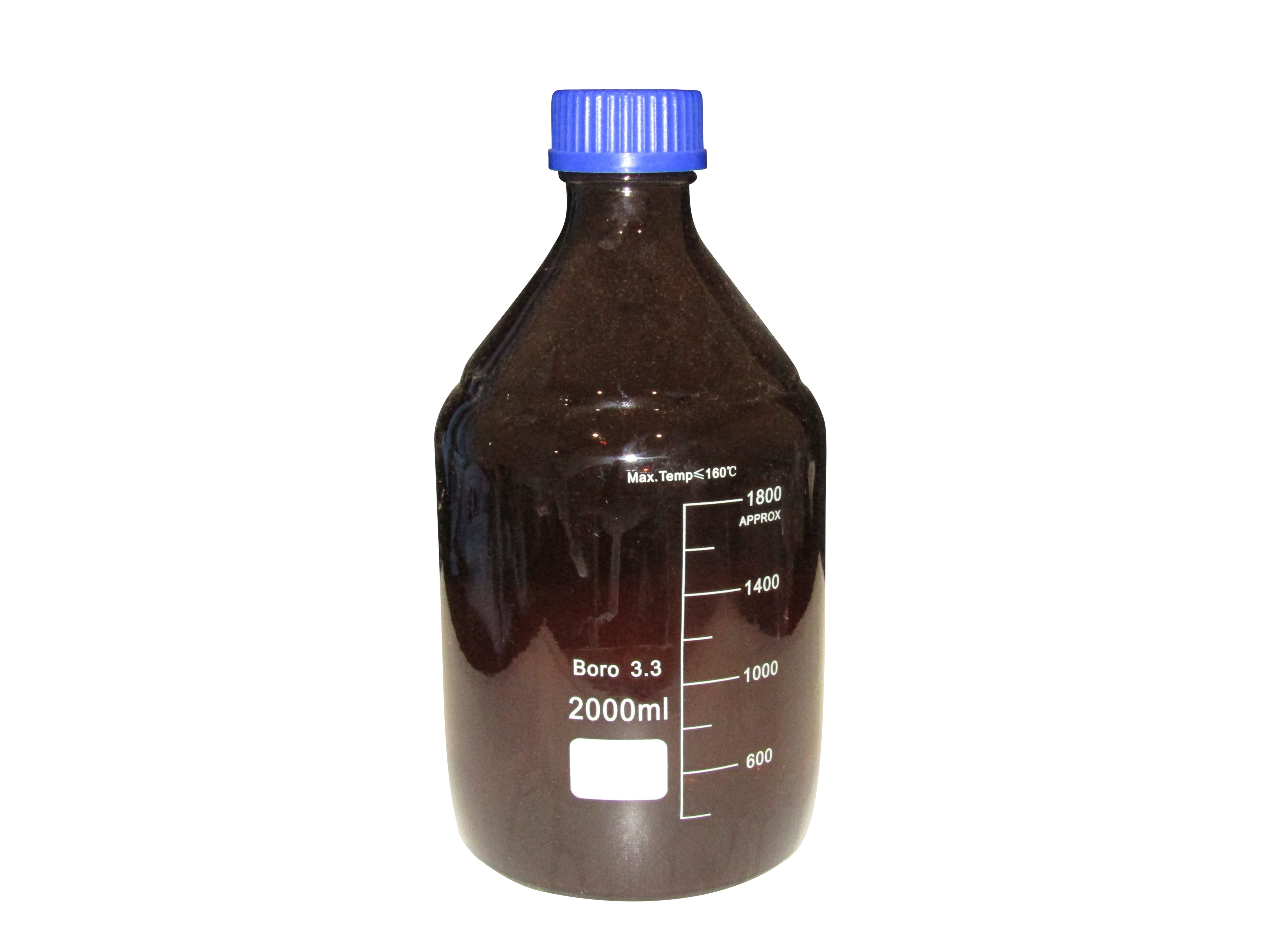 BOTTLE REAGENT AMBER GLASS GRADUATED WITH BLUE SCREW CAP 2000ml