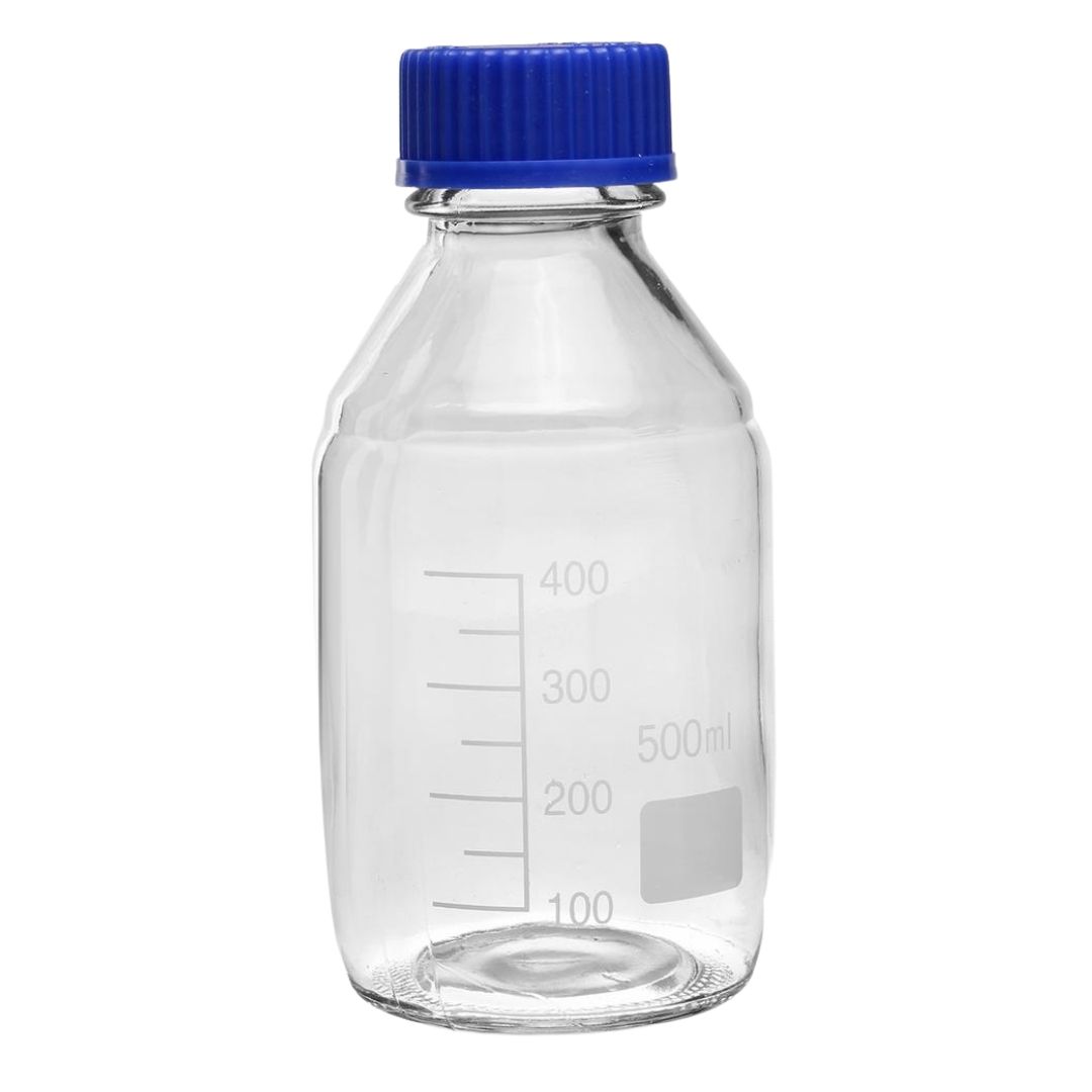 BOTTLE REAGENT GLASS GRADUATED WITH BLUE SCREW CAP   500ml