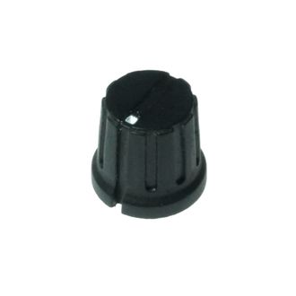 KNOB PLASTIC 15mm BLACK NOTCHED 6mm SHAFT V.SMALL